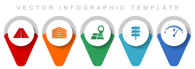 Travel pointer collection, miscellaneous icons such as road, building, navigation, signpost and fuel gauge, flat design vector infographic template in eps 10