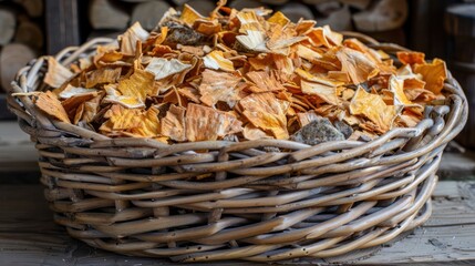 A woven basket filled with orange and yellow dried leaves, showcasing natural materials.