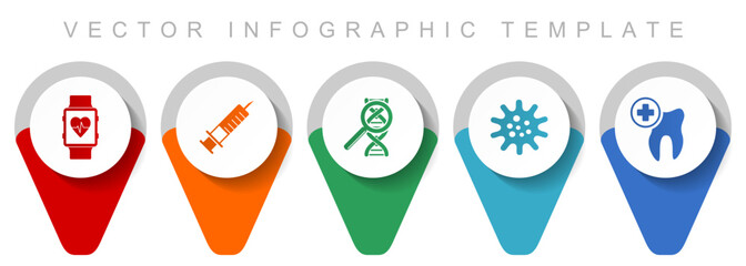 Healthcare pointer collection, miscellaneous icons such as smartwatch, dentist, dna, virus and syringe, flat design vector infographic template in eps 10