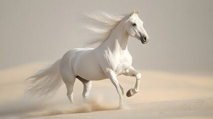 Obraz premium White horse portrait displays flowing mane and detailed facial features in soft natural light against desert background, capturing noble expression and elegant equine presence with soft bokeh.