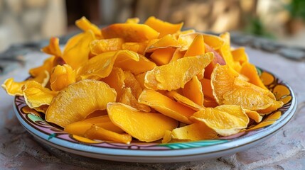 A colorful plate of dried mango slices, showcasing vibrant yellow hues.