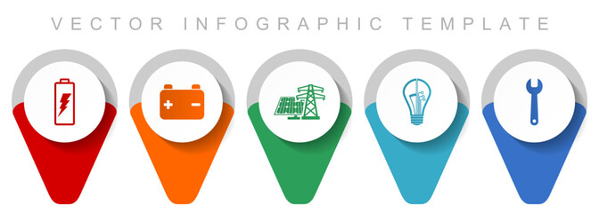 Power and energy pointer collection, miscellaneous icons such as battery, solar power, light bulb and tool, flat design vector infographic template in eps 10
