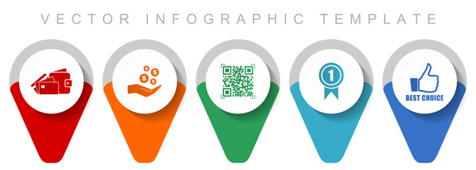 Shopping pointer collection, miscellaneous icons such as money, wallet, qr code, badge and like sign, flat design vector infographic template in eps 10