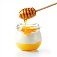 Honey dripping into a jar of creamy yogurt