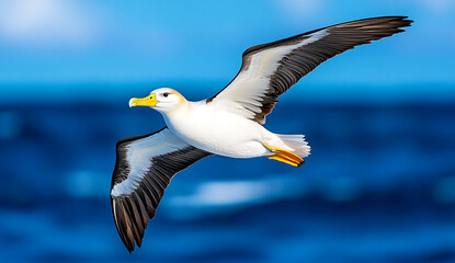Naklejka premium A breathtaking studio photograph of a majestic albatross soaring gracefully against a soft, ethereal backdrop, capturing the essence of freedom and the beauty of nature in motion.