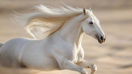 Obraz premium White horse portrait displays flowing mane and detailed facial features in soft natural light against desert background, capturing noble expression and elegant equine presence with soft bokeh.