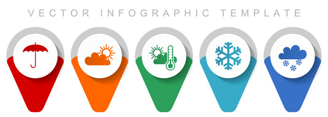 Weather forecast pointer collection, miscellaneous icons such as umbrella, clouds, sun and snowflake, flat design vector infographic template in eps 10