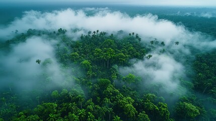 Misty Rainforest Aerial View: A Breathtaking Panorama of Lush Greenery Enveloped in Clouds