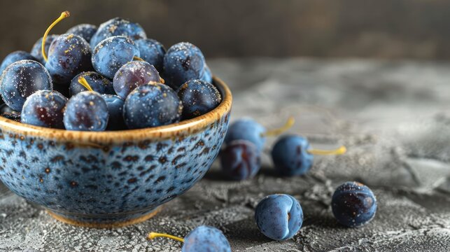 A bowl filled with fresh, blue plums on a textured surface, showcasing their natural beauty.