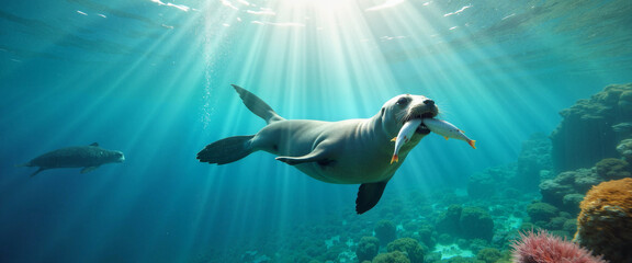 Seal hunting fish underwater in clear ocean, National Pet Day