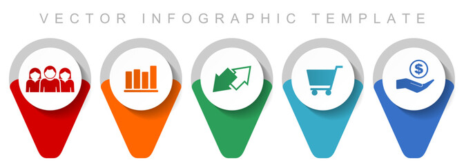 Trade pointer collection, miscellaneous icons such as customers, graph, exchange, cart and bank, flat design vector infographic template in eps 10