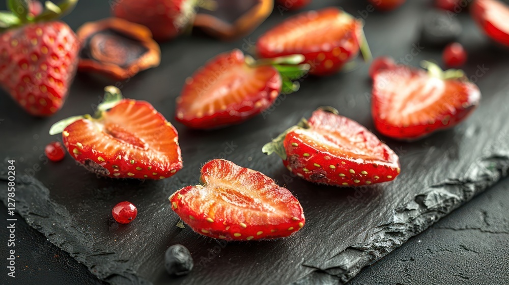 Poster a close-up display of sliced strawberries on a slate surface, highlighting their freshness.