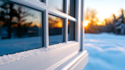 A breathtaking close-up of a beautifully frosted windowpane, with intricate crystal-like patterns creating a wintery mosaic against a soft, blurred background of a cozy interior scene.