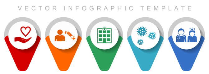 Medical pointer collection, miscellaneous icons such as doctor, nurse, hospital, help and flu, flat design vector infographic template in eps 10