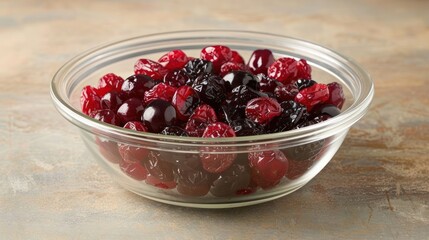 A bowl filled with mixed dried cranberries and cherries.