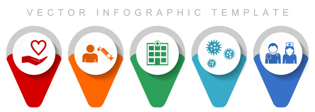 Medical pointer collection, miscellaneous icons such as doctor, nurse, hospital, help and flu, flat design vector infographic template in eps 10