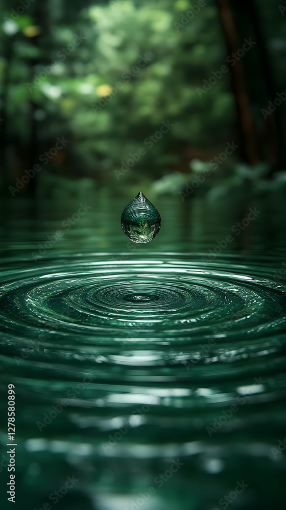 Poster water drop creating circular ripples on green water surface in blurred forest background
