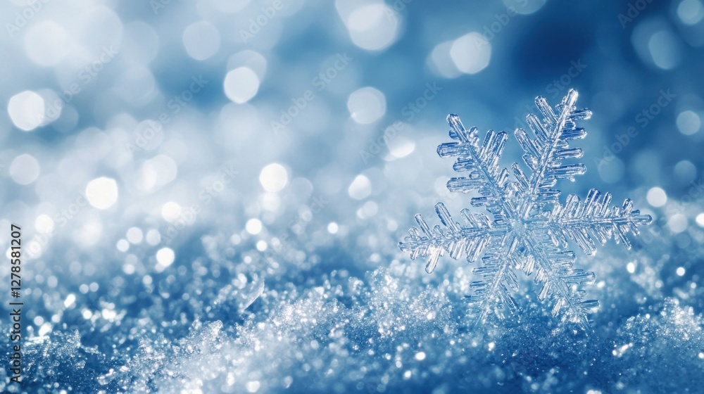 Poster beautiful snowflake shining on a frosty winter background - macro snowflake resting on sparkling sno
