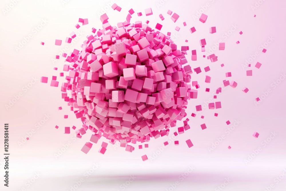 Poster pink cube sphere exploding.