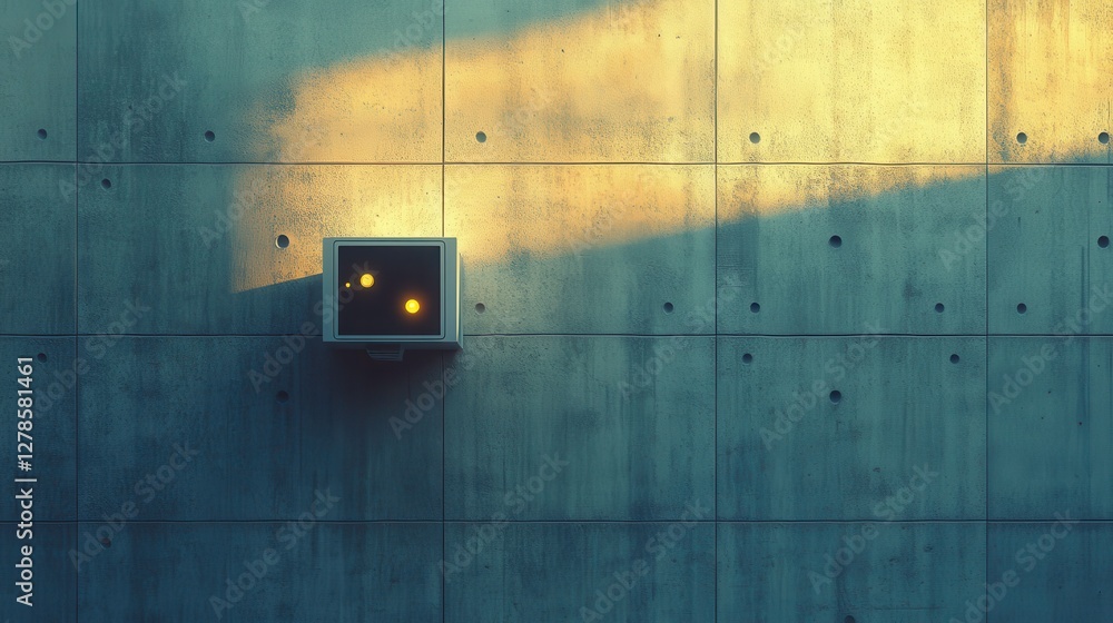 Poster a minimalist wall features a small box with glowing lights, casting a soft shadow, creating an intri