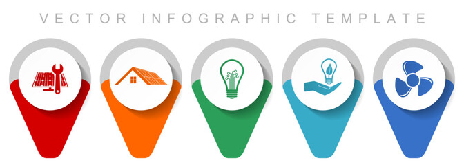 Renewable energy pointer collection, miscellaneous icons such as solar panel, house, light bulb and heater, flat design vector infographic template in eps 10