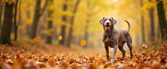 Weimaraner dog playing in autumn forest, joyful companionship
