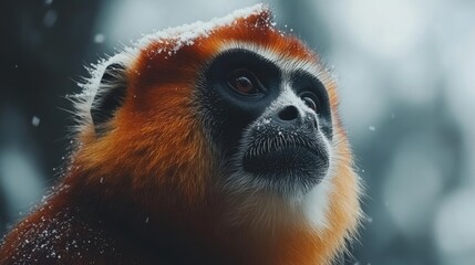 Fototapeta premium A hyper-realistic close-up of a golden snub-nosed monkey perched on a snowy branch, its vibrant fur glowing in the winter light.