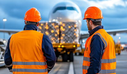 A focused cargo handling team working diligently at a busy shipping dock, showcasing two men in brightly colored safety vests coordinating logistics and ensuring efficient operations.