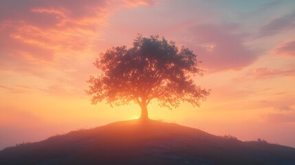Sunset sky glows with soft pink and orange clouds behind silhouetted tree, creating minimalist landscape with peaceful dusk scene, gentle gradient colors, and ethereal lighting in tranquil evening