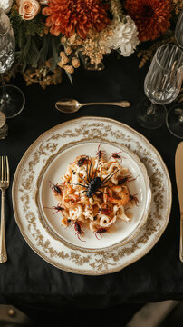 Naklejki Gourmet dish featuring pasta with a creative twist and decorative edible insects presented elegantly on a fine china plate
