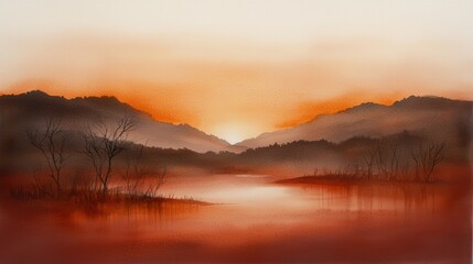 Tranquil lake painting, serene mountain landscape with majestic trees and reflective waters