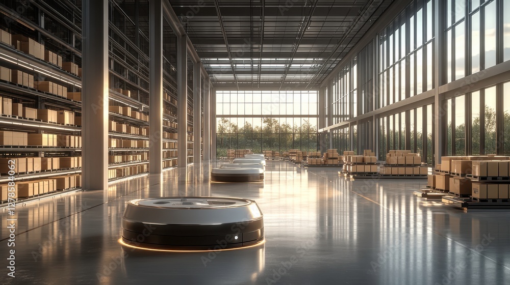 Poster a modern warehouse interior featuring automated robots moving among neatly stacked pallets, illumina