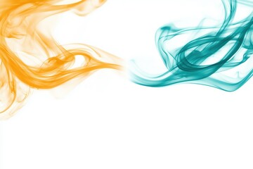 Abstract orange and teal smoke waves on white background. Fluid motion of colored ink swirls. Concept of duality, contrast, and artistic background.