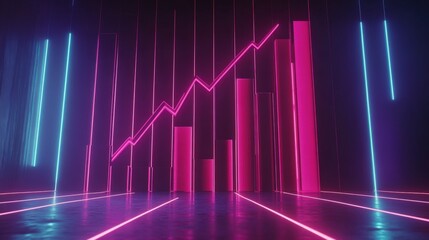 Fototapeta premium Vibrant neon graph showcasing upward trend with glowing lines in a digital environment