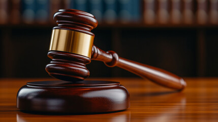 A beautifully crafted wooden gavel resting on a polished table, symbolizing authority and justice in a serene, professional setting with soft ambient lighting.