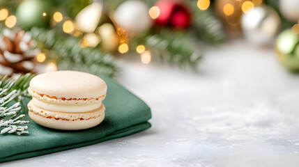 Elegant close-up of white macaron with creamy filling on holiday table. Ideal for seasonal marketing, social media posts, or food blogs. Selective focus