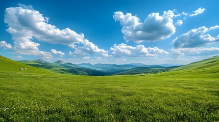 Obraz premium Rolling green meadow stretches beneath vibrant blue sky with fluffy white clouds, featuring distant mountain range and scattered rocks, capturing peaceful countryside in bright summer day.
