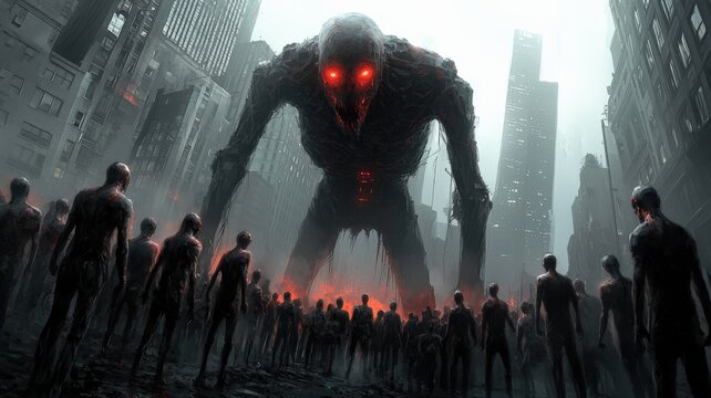 An apocalyptic battle between alien titans and human mechs in the ruins of a once-great metropolis