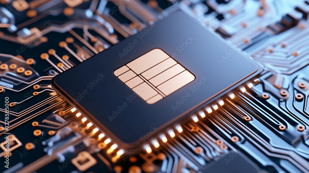 Poster an intricate macro shot of a sleek microprocessor chip elegantly positioned atop a sophisticated com