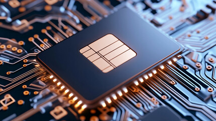 An intricate macro shot of a sleek microprocessor chip elegantly positioned atop a sophisticated computer chip, showcasing advanced technology and design in vivid detail.