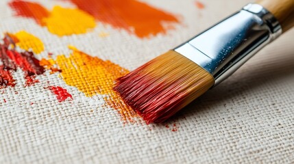 Fototapeta premium Close-Up Of A Paintbrush With Red And Yellow Acrylic Paint On Canvas, Artistic Creativity And Painting Process In Visual Arts And Design
