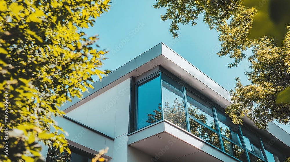Poster modern building architecture with green trees