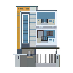 3d render of a modern building. A blue and white apartment building with a white door. The building has a modern design and is located in a city