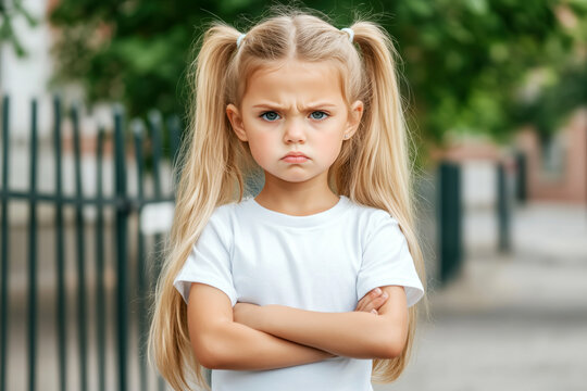 Little girl crossing arms and frowning outdoors