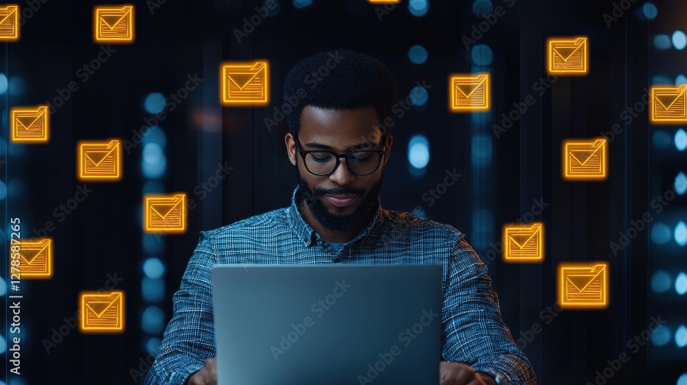 Aufkleber businessman analyzing digital data office setup document management high-tech environment close-up v