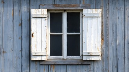 Obraz premium White wooden window shutter adorns rustic wall with vertical planks and textured grain, showcasing farmhouse architecture and vintage style through weathered details in moody lighting.
