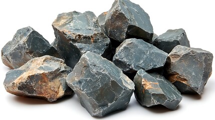 Pile of grey rocks on white background, natural material, construction or landscaping