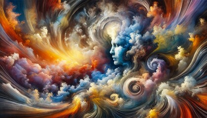 A grand abstract digital painting filled with swirling, expressive forms that convey deep emotions and abstract ideas. The image features a mix of vibrants