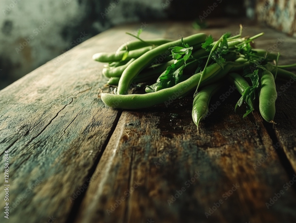 Poster Green Beans on Wooden Table