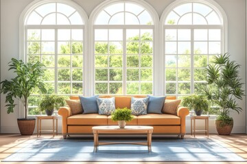 Sunlit Living Room Interior Design with Orange Sofa Large Windows and Lush Greenery